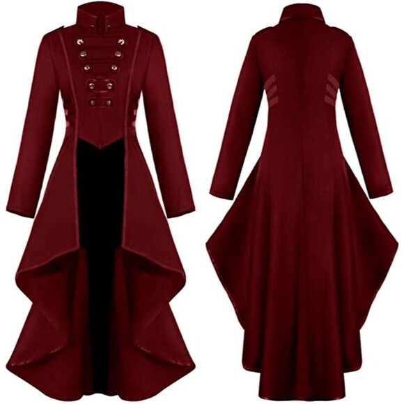Steampunk Victorian Swallow Tail Long Trench Coat Jacket Red Cosplay Punk NWT - Picture 5 of 6
